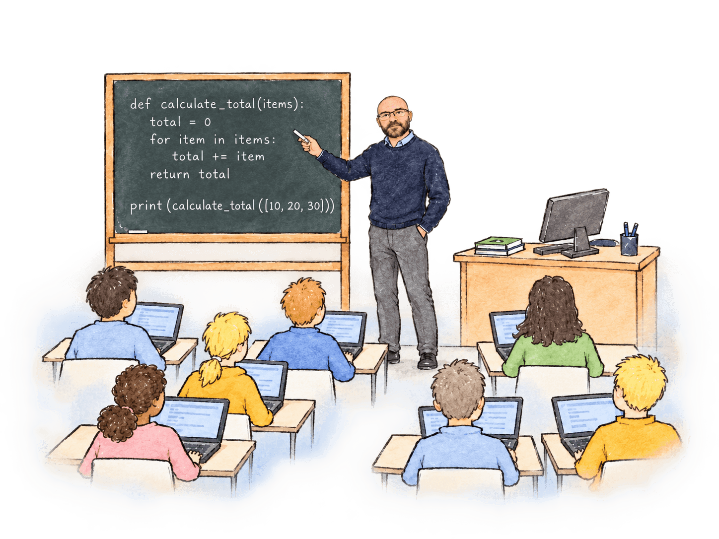 Watercolour illustration of a teacher at a blackboard showing a Python function, facing a class of pupils working on laptops.